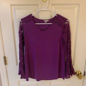 Lace crochet long sleeve purple v neck top, XS
